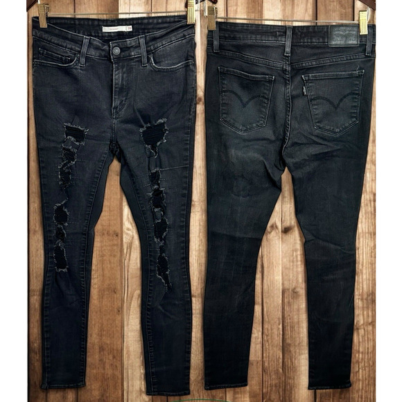 Levi's 711 Skinny Black Distressed Torn Jeans Sz 28 Midrise Stretch 30" Inseam - Picture 2 of 7